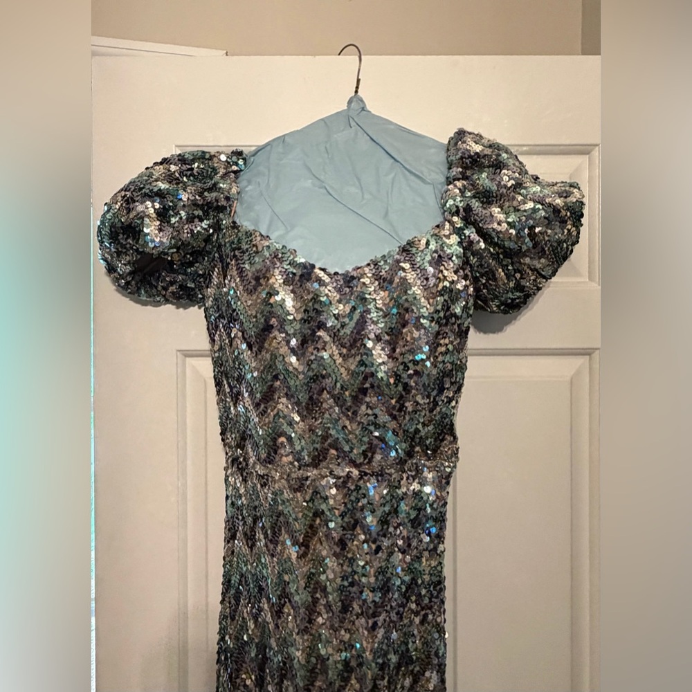 Vintage 80s 90s Custom Sequin Puff Sleeve Maxi Gown Iridescent Glam sz 4-6